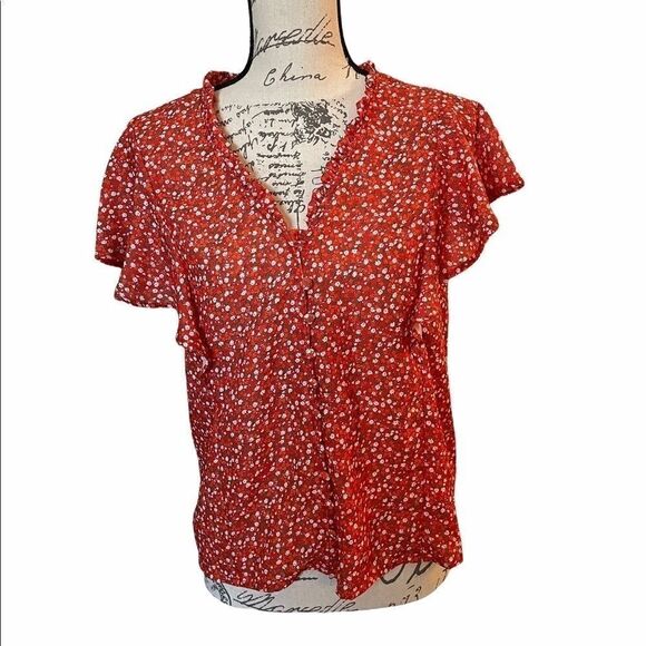T H M L orange floral print button up top size S - Picture 1 of 4